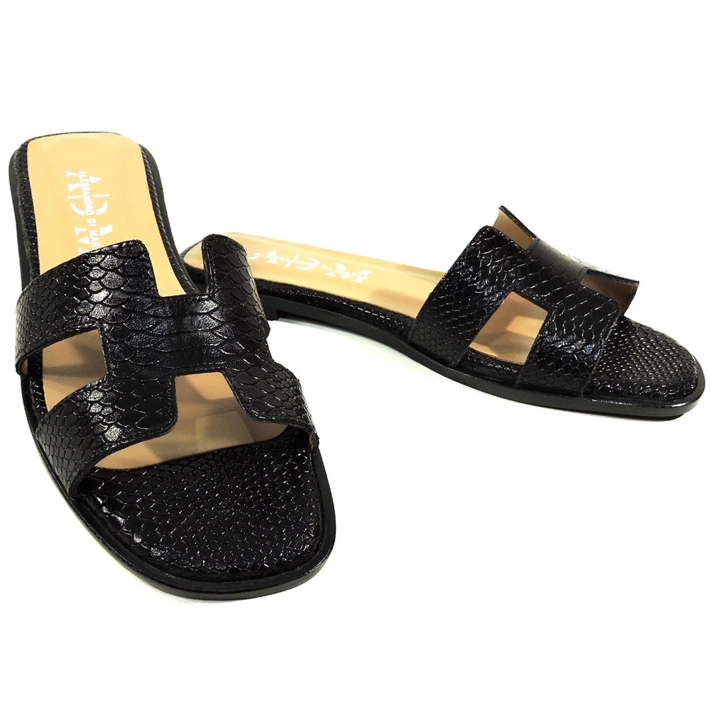 ALESSANDRO DI MARIA 🇮🇹 WOMEN'S BLACK LEATHER FLAT SUMMER SANDALS